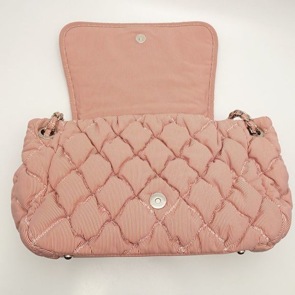 Chanel Bubble Quilt Chain Tote Bag Nylon Canvas Stripe Red - Picture 6 of 7